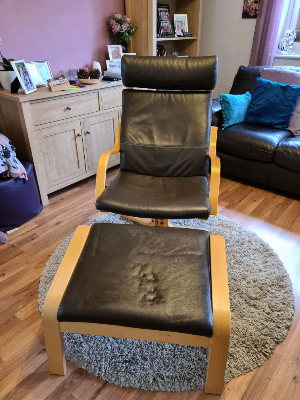 Ikea Poang Swivel Chair & matching footstool, Brown Leather cushions