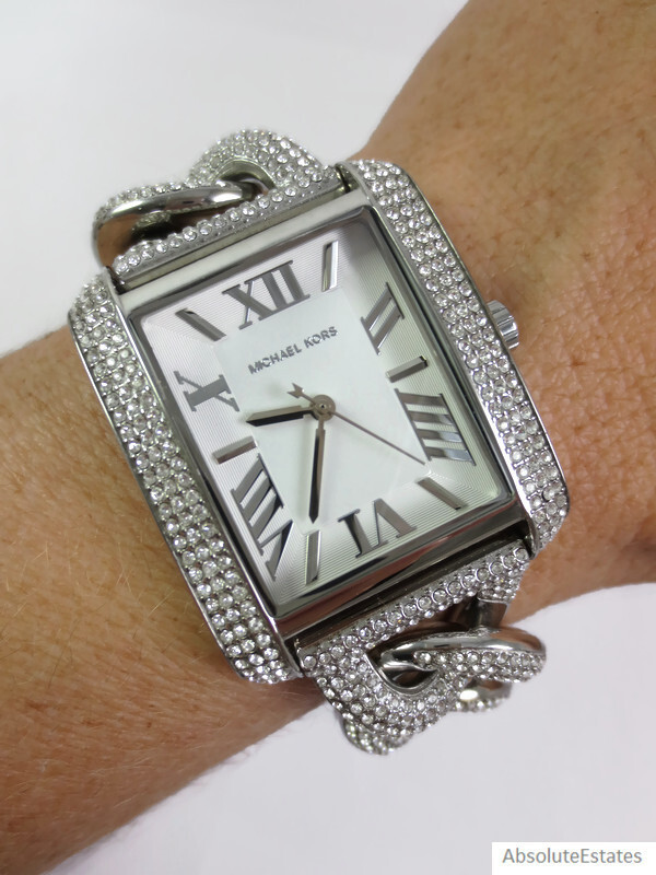 Pre-owned Michael Kors Emery Chain Pave Glitz Silver Bracelet Watch Mk7299