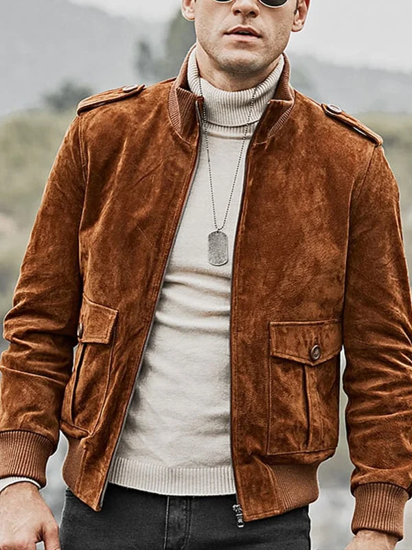 Men's Genuine Leather Bomber Suede Jacket Slim Fit Lined Zipper Pockets S M L XL