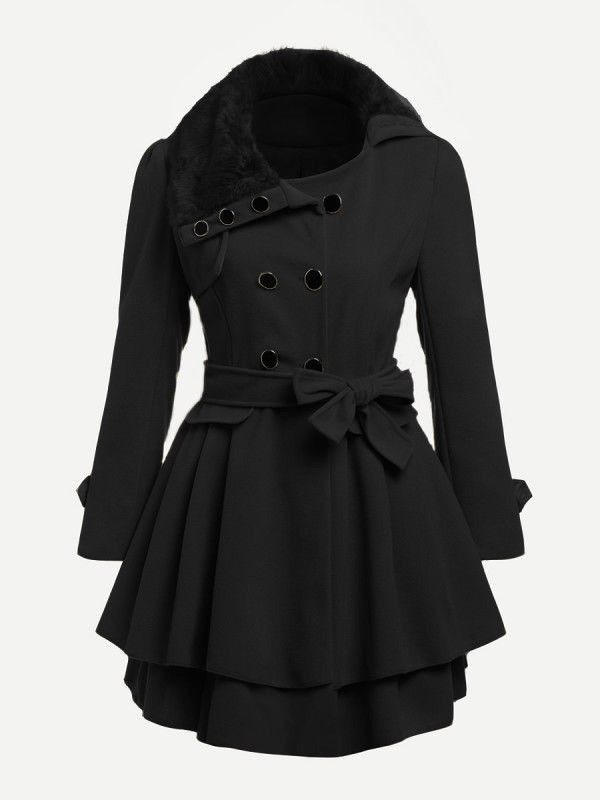 Ladies New Black Double Breasted Trench Mac Style Coat with Faux Fur