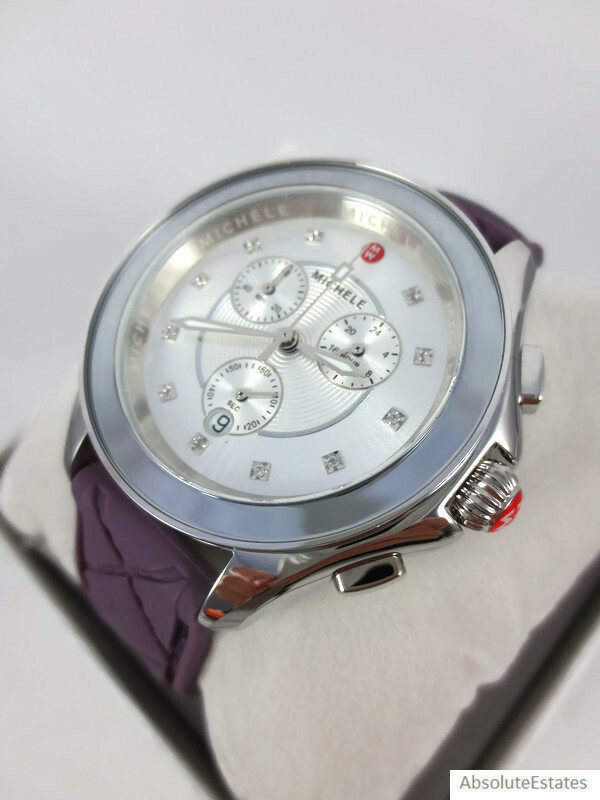 Pre-owned Michele Cape Violet Purple Silver Silicone Chronograph Watch Mww27e000027