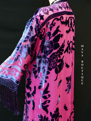Pre-owned Maya Matazaro Fringe Jacket Kimono Burnout Velvet Silk Magenta & Purple