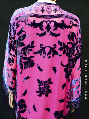 Pre-owned Maya Matazaro Fringe Jacket Kimono Burnout Velvet Silk Magenta & Purple