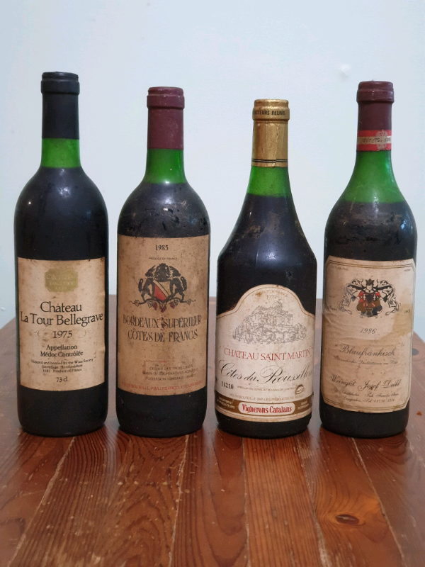 4x Red French Wine bottles from years between 1975 1986 vintage old