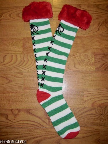 WOMENS KNEE HIGH~GREEN WHITE STRIPE SOCKS~LACE UP~CHRISTMAS~HOLIDAY RED FAUX FUR