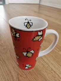 Tall Coffee Tea Mug Cup Honeybee design Red