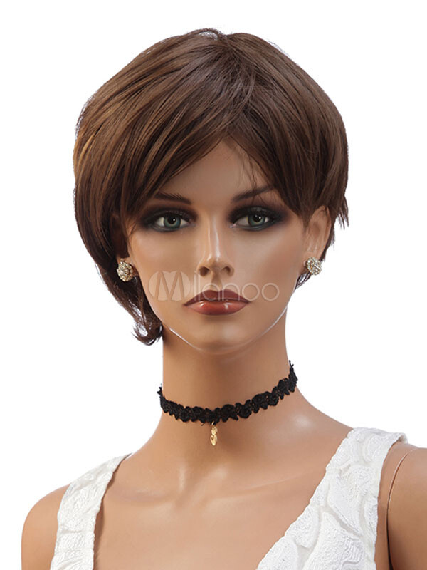 Layered Shag Hairstyle Straight Short Dark Brown Synthetic Capless