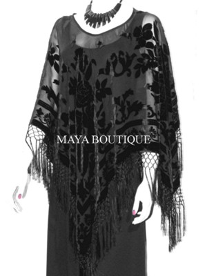 Pre-owned Maya Matazaro Black Silk Burnout Velvet Poncho Shawl Fringe Top  One Size
