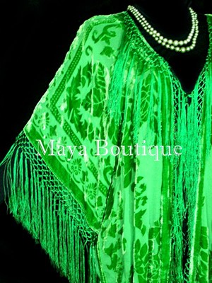 Pre-owned Maya Matazaro Apple Green Kimono Duster Fringe Jacket Silk Burnout Velvet  Plus
