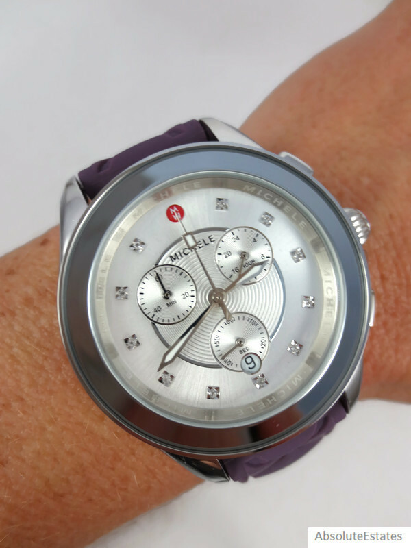 Pre-owned Michele Cape Violet Purple Silver Silicone Chronograph Watch Mww27e000027
