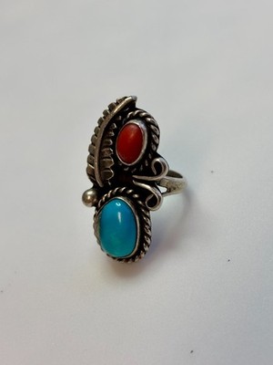 Estate Jewelry Native American Coral & Turquoise Ring Sterling Silver size 4
