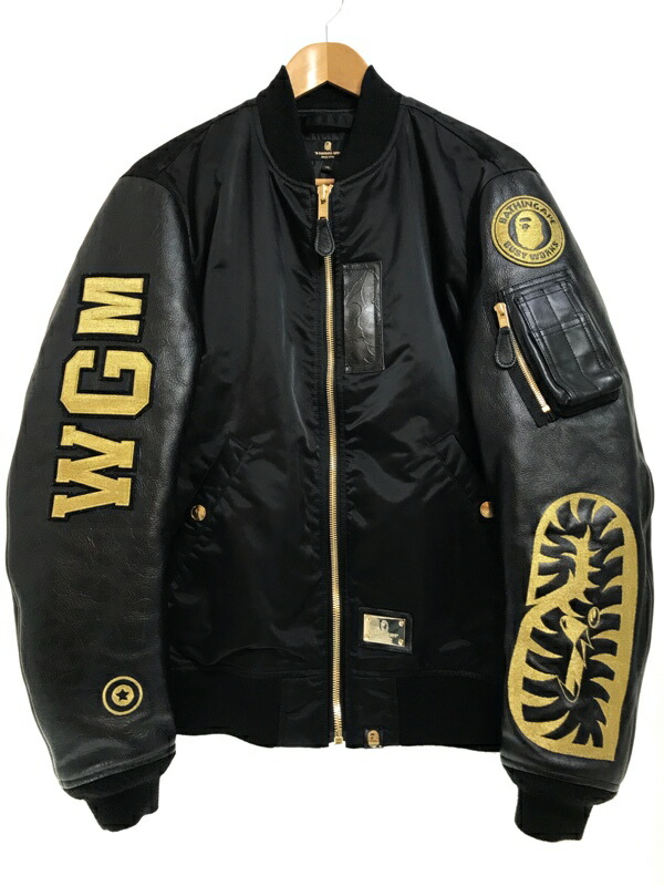 15Aw A Bathing APE Black Leather Ma-1 Gold Xl Bape Military
