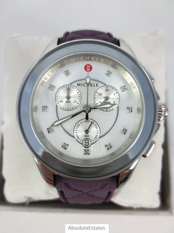 Pre-owned Michele Cape Violet Purple Silver Silicone Chronograph Watch Mww27e000027