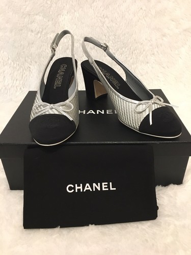 CHANEL Two-Tone Silver Black Slingback with Bow 36.5, 39.5