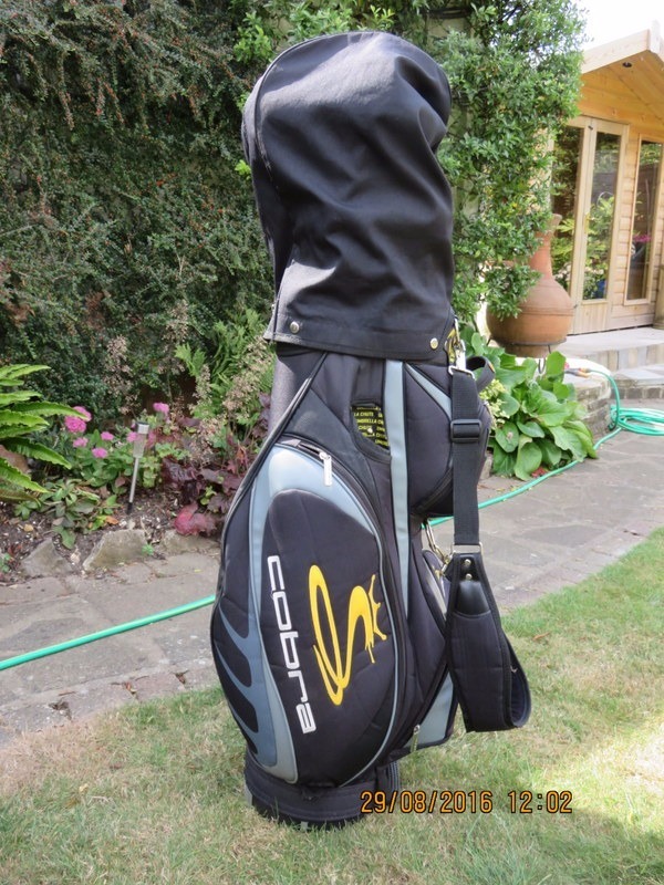 Cobra Golf cart bag, black & yellow. Rain hood & carrying strap. VGC