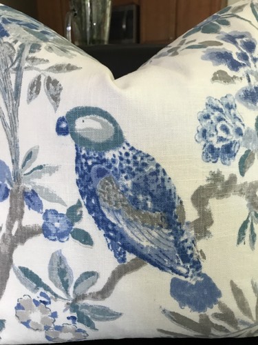 SET OF 2 BRAEMORE BIRD FLORAL BLUE LINEN PILLOWS