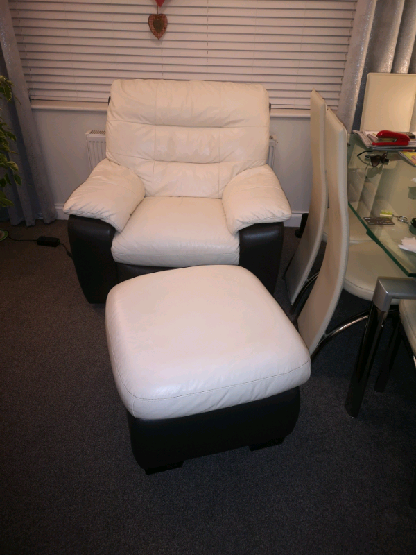 DFS white leather, electric, automatic, Recliner chair and footstool