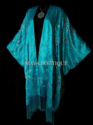 Pre-owned Maya Matazaro Turquoise Embroidered Silk Kimono Caftan Duster Opera Coat  Plus In Blue