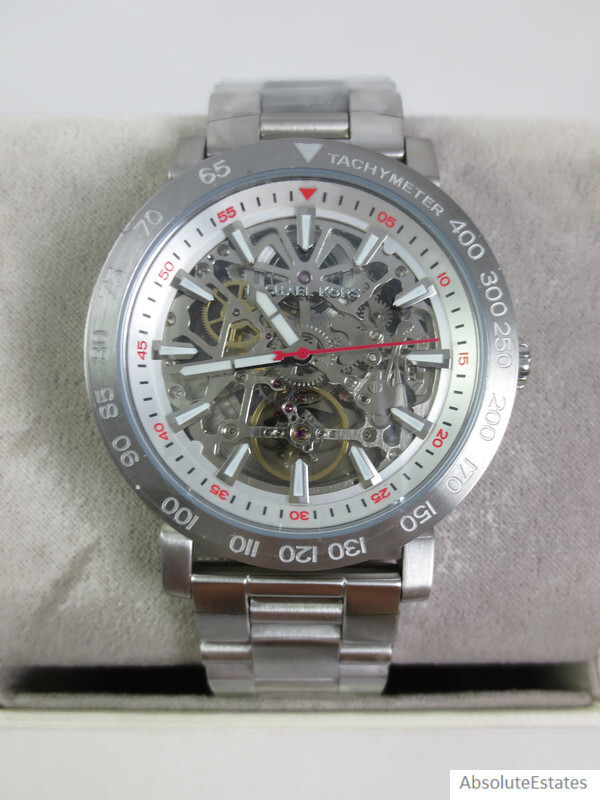 Pre-owned Michael Kors Greer Silver Mens Automatic Skeleton Watch Mk9034