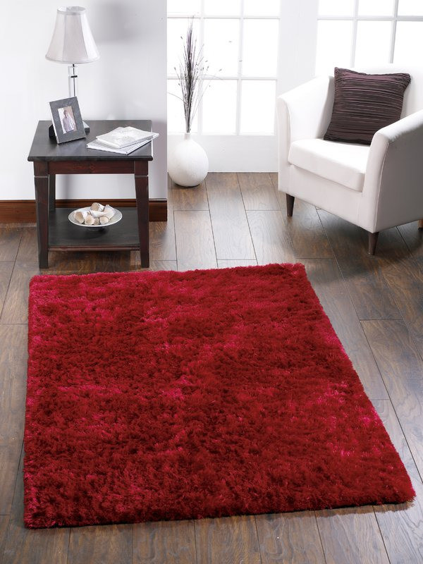 BEAUTIFUL DEEP RED, HESSIAN BACKED, DEEP PILE RUG FOR SALE in