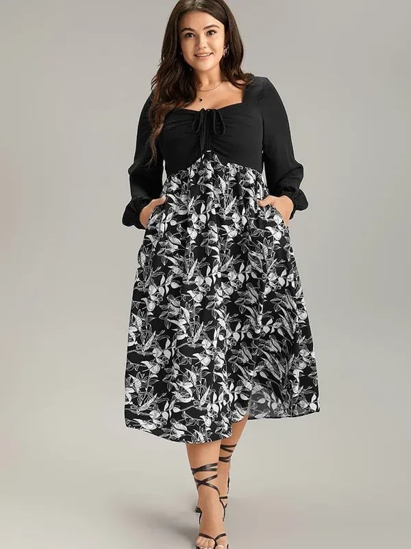 BloomChic Plus Size 3X 22-24 Black Floral Dress with Pockets and Long Sleeves