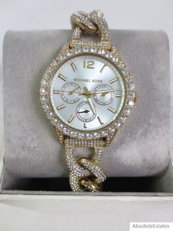 Pre-owned Michael Kors Layton Extreme Glitz Gold Crystal Chain Watch Mk4653