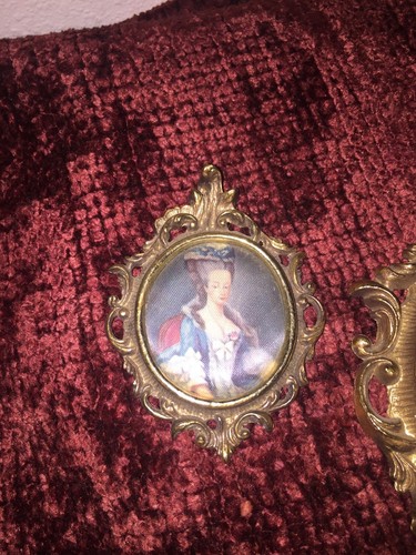 Two Small Vintage Gold-toned Framed Silk Satin Cloth Picture Wall Hanging