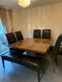 Marble Dining Table & 6 Crocodile Skin Leather Chairs & Bench