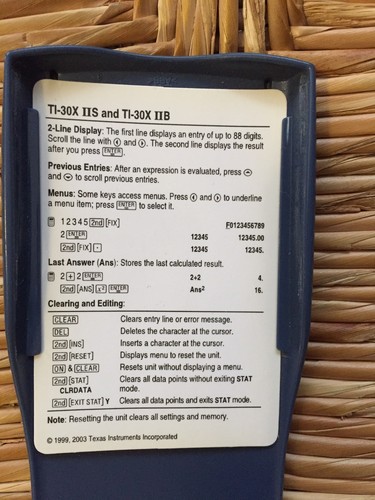 Texas Instruments TI-30x IIS Solar Scientific Calculator Cover Instruction Card
