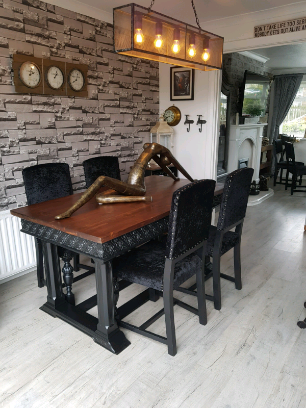 Gorgeous solid antique dining table & 4 black velvet dining chairs | in
