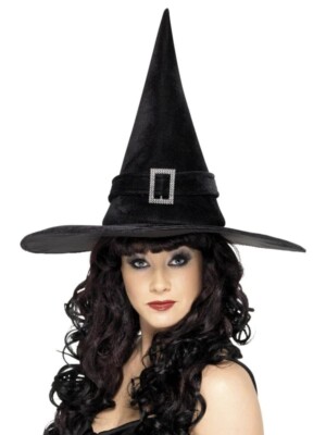 Black Witches Hat with Diamante Buckle Costume Accessory Adult Halloween