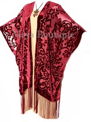 Pre-owned Maya Matazaro Art Nouveau Deep Red Caftan Kimono Burnout Velvet  Made In Usa