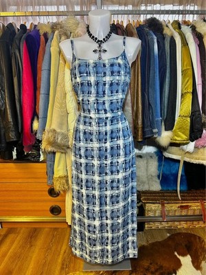Vintage blue and white tartan print midi dress