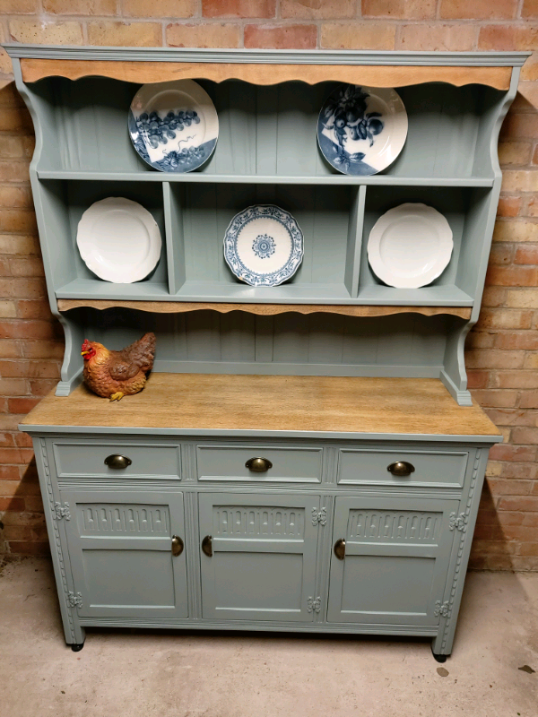 Stunning Fully Refurbished Solid Oak Welsh Dresser in dovetail green
