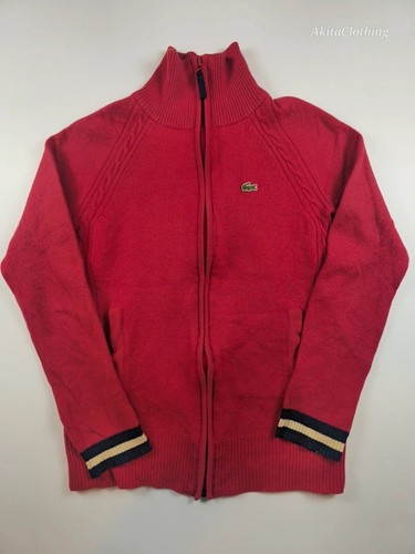 Lacoste Vintage Cardigan Slim Red Cable Knit Stripe Cuff 38 340