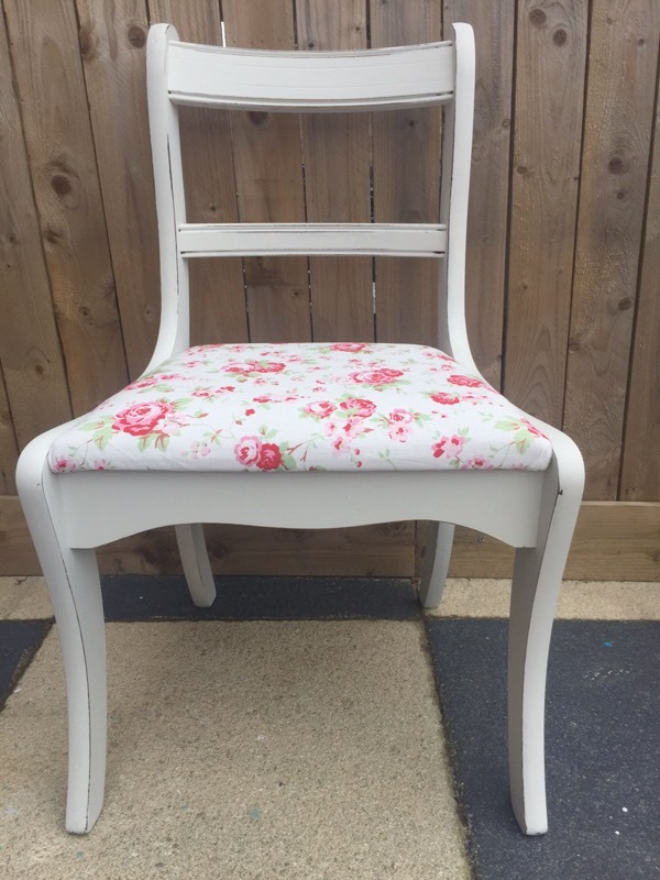 Pretty Painted White Chairs With Floral Roses Fabric Shabby Chic In