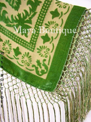 Pre-owned Maya Matazaro Green & Gold Fringe Jacket Kimono Silk Burnout Velvet Short