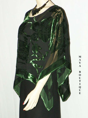 Pre-owned Maya Matazaro Silk Burnout Velvet Poncho Kimono Top Emerald & Black No Fringe  In Green