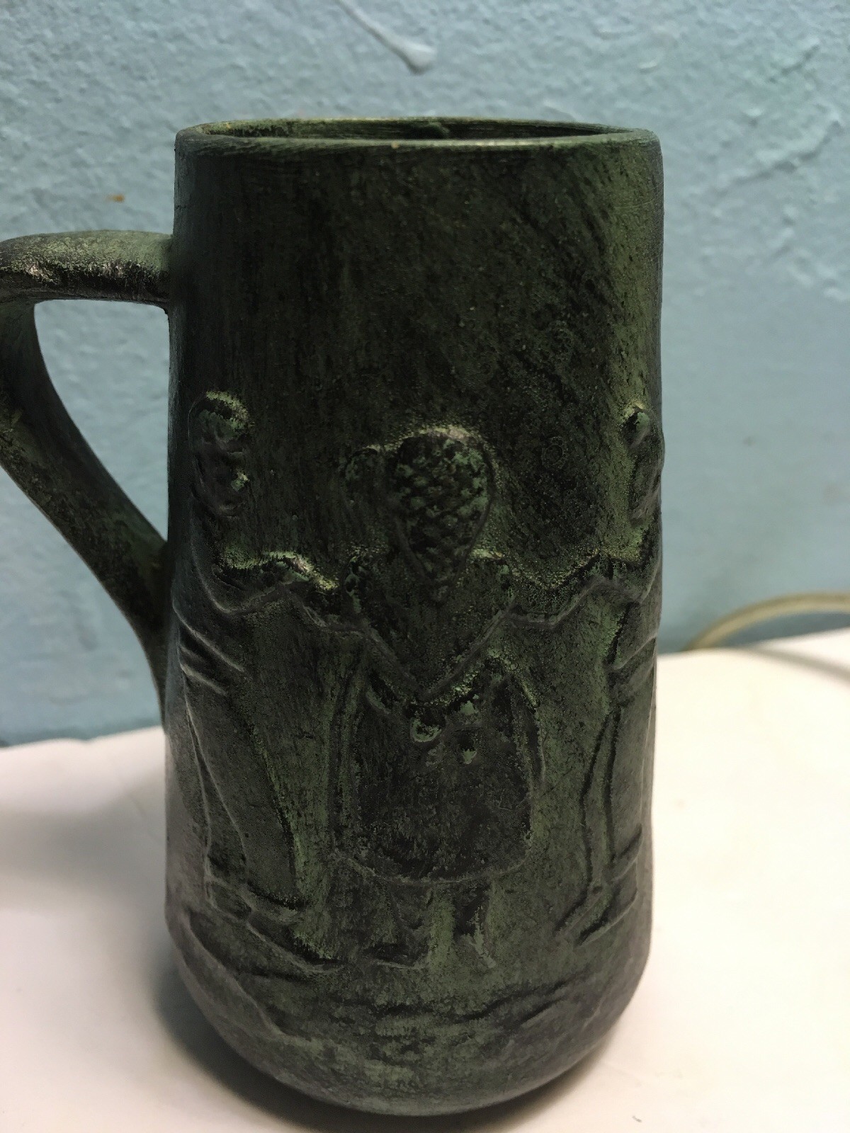 Miniature Ceramic Folk Art German Mug Dancers In Relief - Green / Black