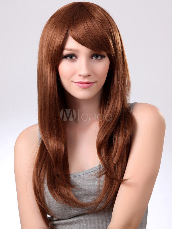 100 Human Hair Sexy Brown Synthetic Side Swept Bangs Fashion Long