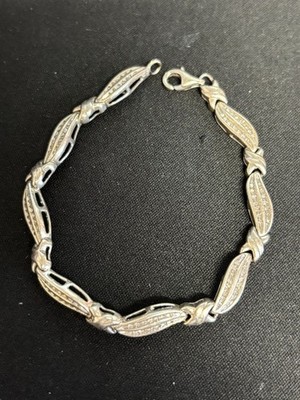 Estate Jewelry Diamond Tennis Wavy X Link .925 Sterling Silver Bracelet 7"
