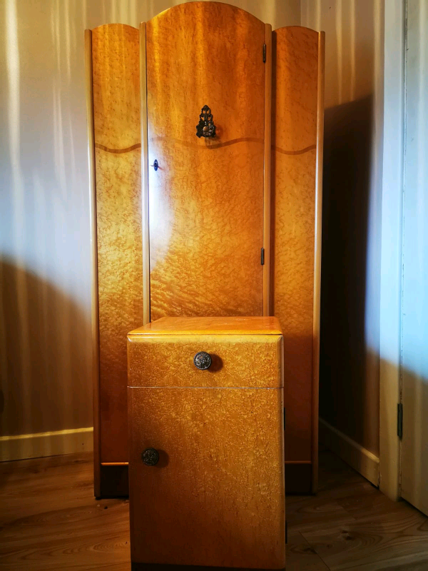 antique birds eye maple wardrobe and bedside cabinet in