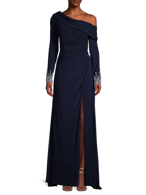 Pre-owned Mac Duggal ?  12231m Midnight Off The Shoulder Asymmetric Jersey Beaded Gown 14