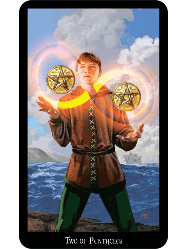 2 пентаклей таро уэйта. карта таро мужчина с палкой. 2 пентаклей в сочетании с другими.