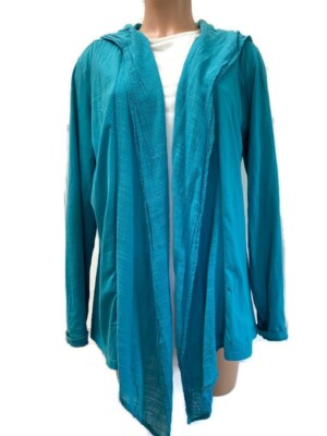 MOD-O-DOC Turquoise Blue Hooded Top Drapey Jacket Long Sleeve 100% Cotton L NWOT