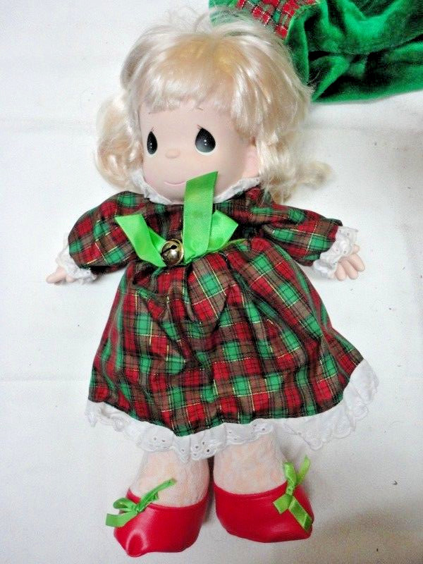 VTG. Precious Moments Composition Doll - Red & Green Dress/Matching Stocking
