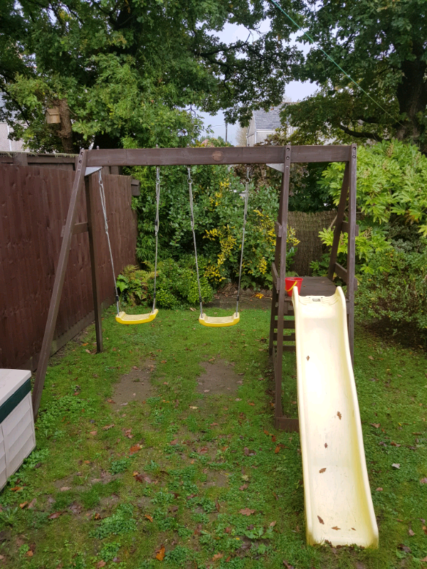 Plum Wooden Double Swing and Slide Set & Trampoline in Gowerton
