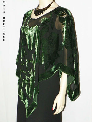 Pre-owned Maya Matazaro Silk Burnout Velvet Poncho Kimono Top Emerald & Black No Fringe  In Green