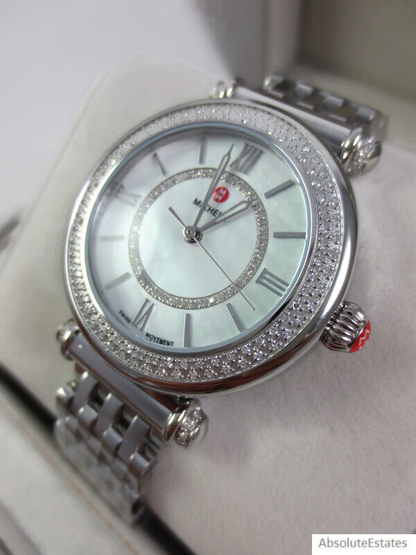 Pre-owned Michele Silver Diamond Caber Mid Ladies Watch Mww16e000008 Box