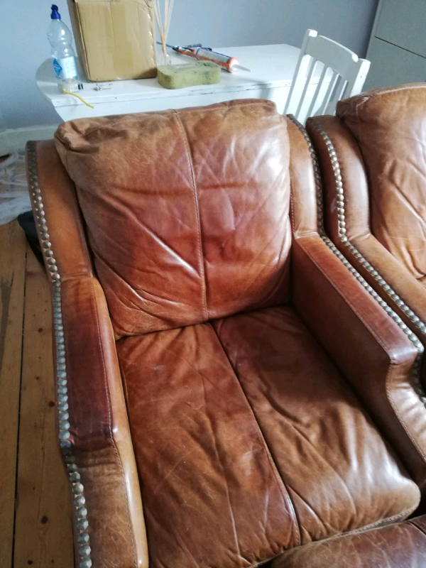 2 Quality tan leather sofas and chair with stud detail in Haymarket